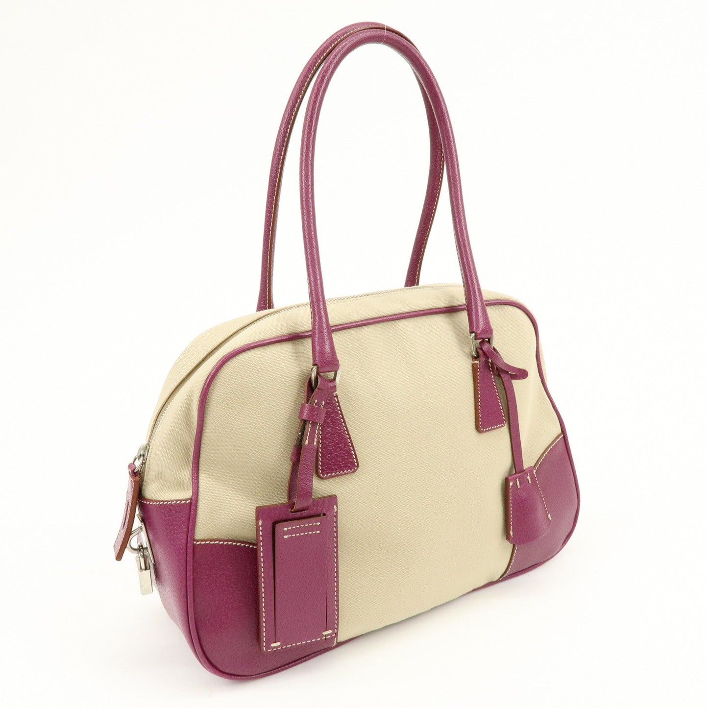 Prada Triangle Logo Canvas Leather Bowling Bag Natural Purple【Pre-order】