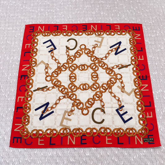 （全新）Celine復古金鏈紅邊正方絲巾