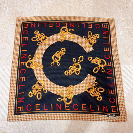 （全新）Celine深藍金鏈配千鳥格正方絲巾