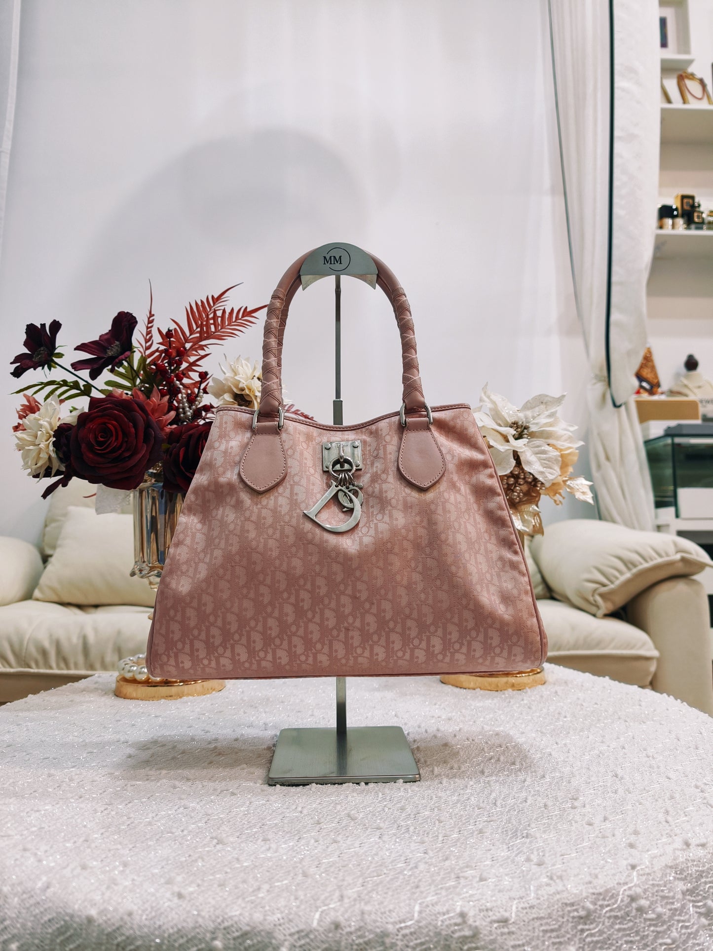 Dior 老花暗紋粉紅色Tote