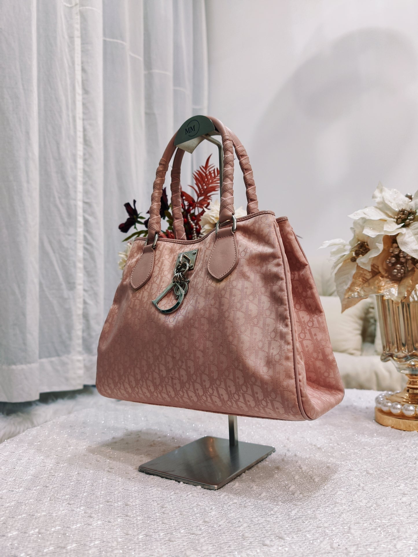 Dior 老花暗紋粉紅色Tote