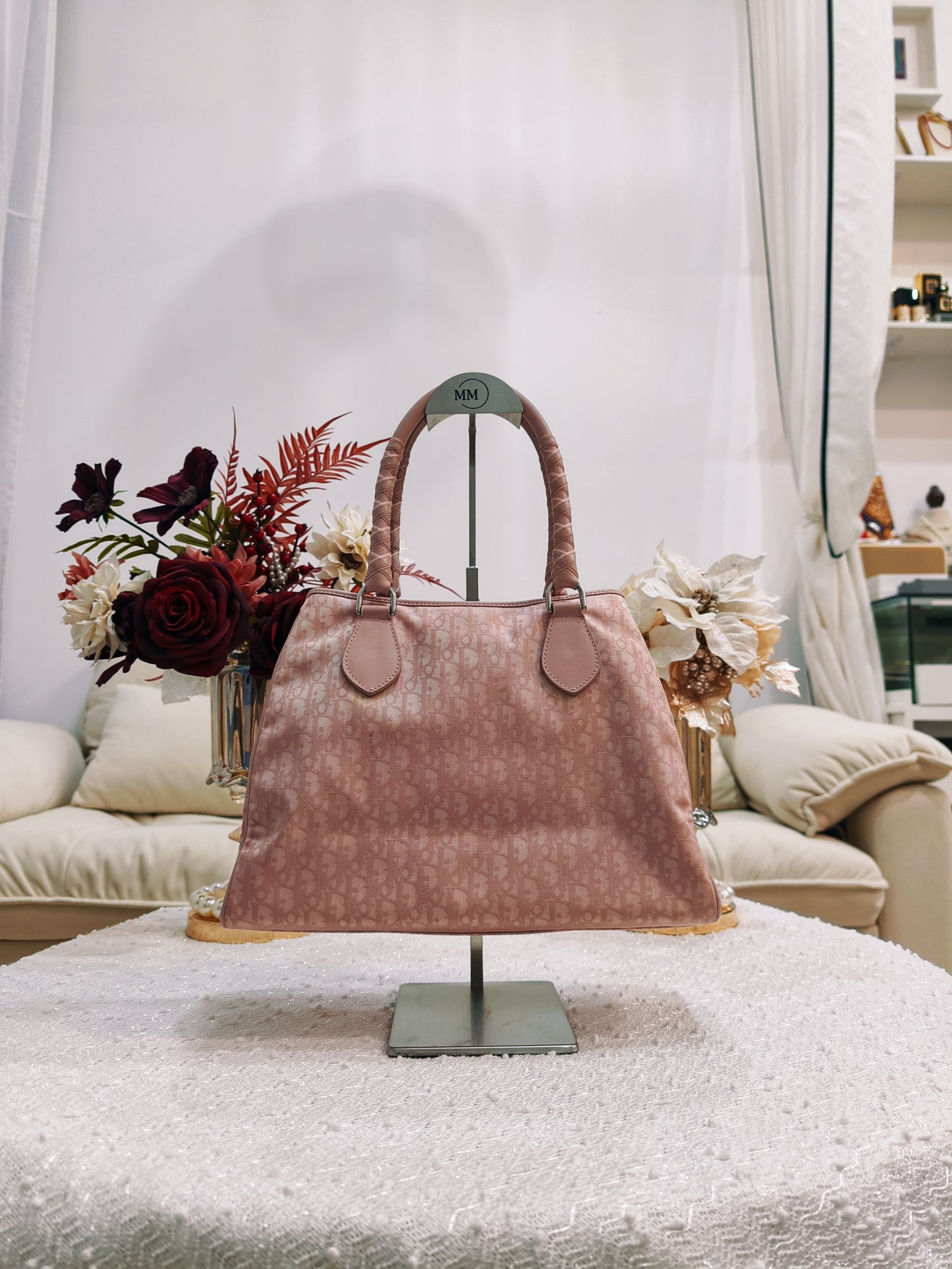 Dior 老花暗紋粉紅色Tote