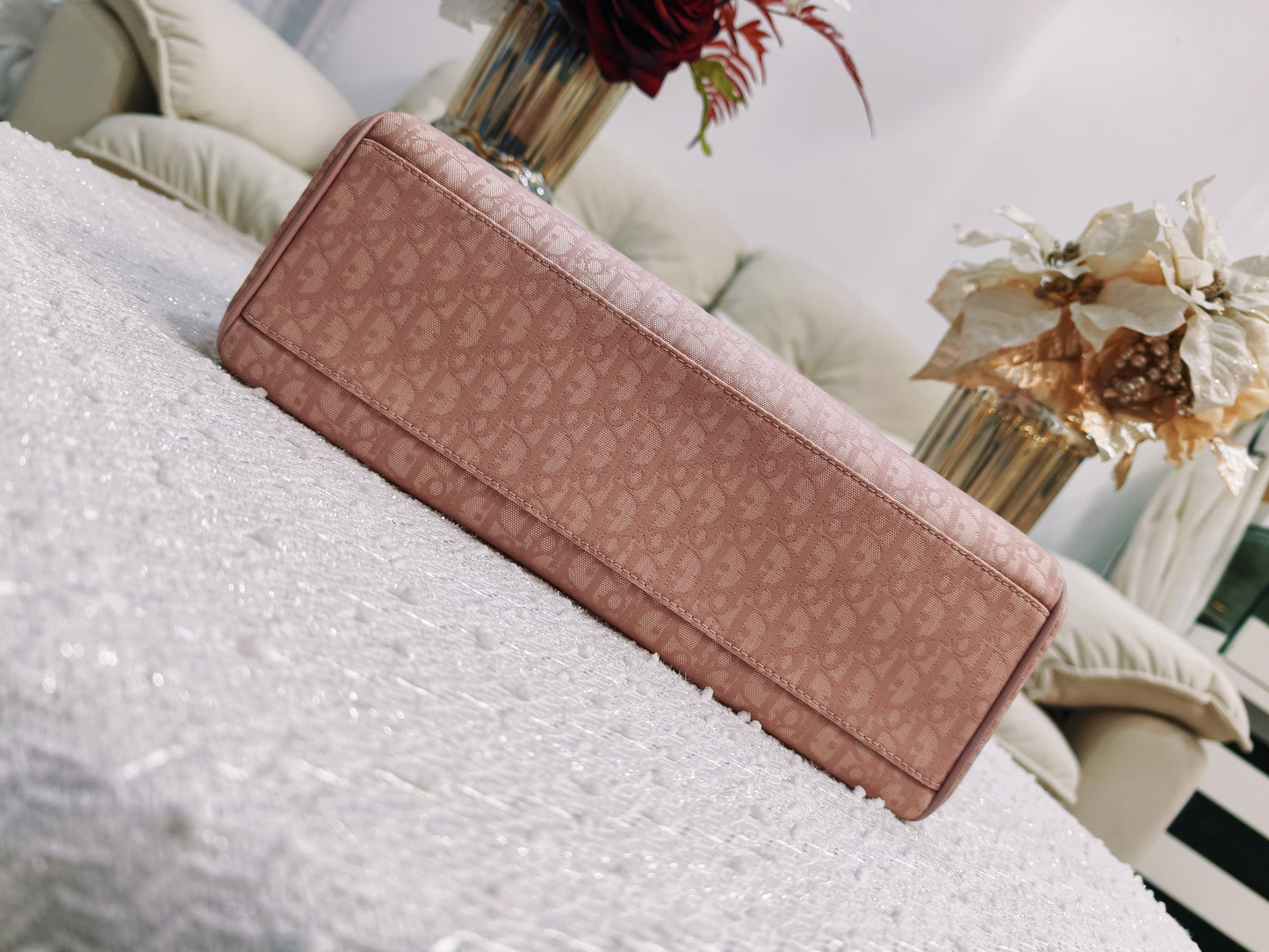 Dior 老花暗紋粉紅色Tote