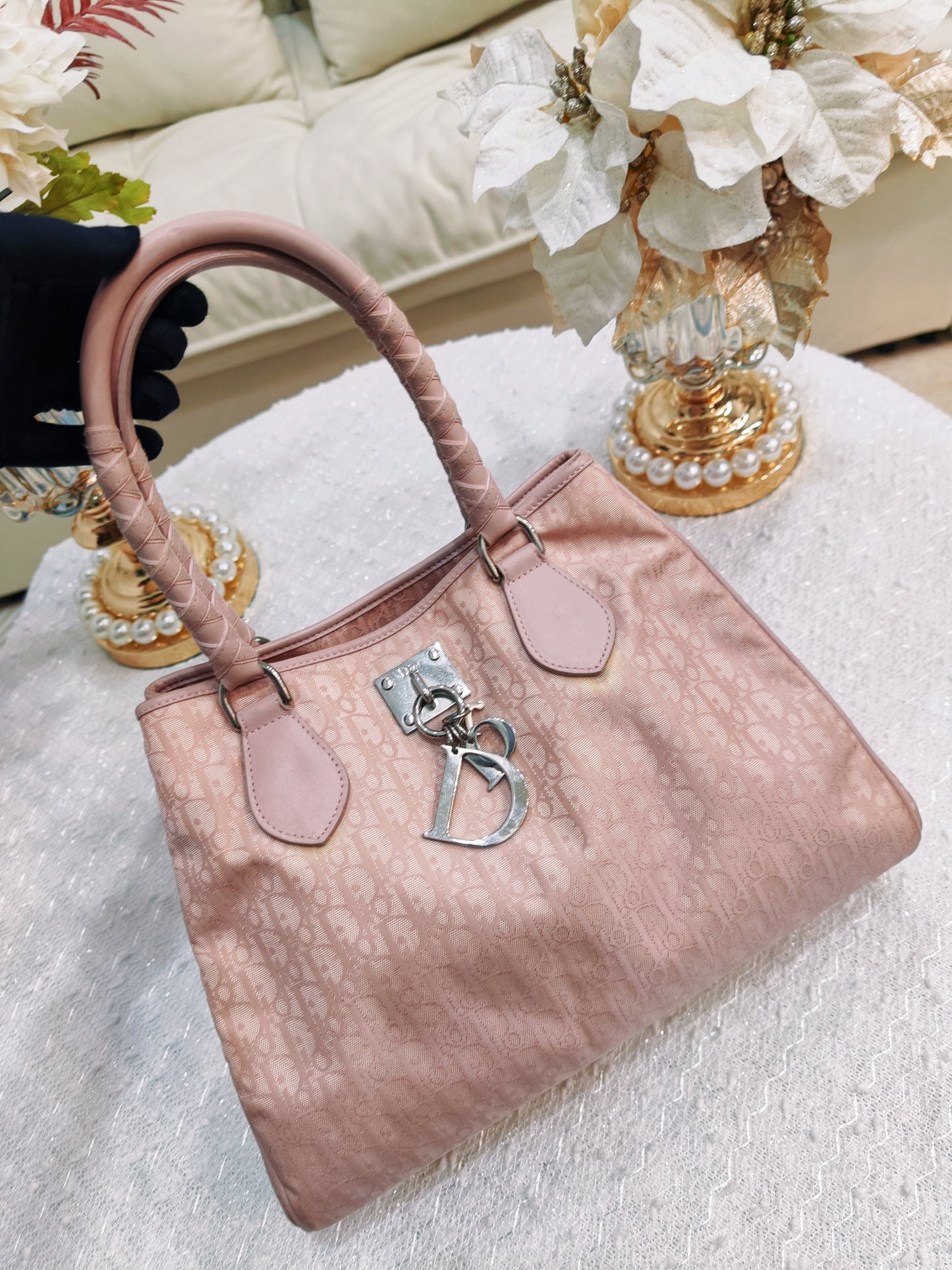 Dior 老花暗紋粉紅色Tote